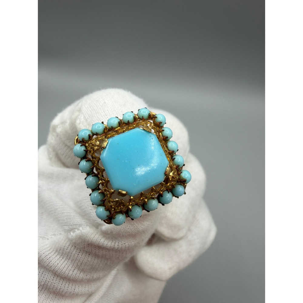 Vintage Czech Turquoise Glass Brooch‎ Gold Tone Filigree Square Art Deco №1025